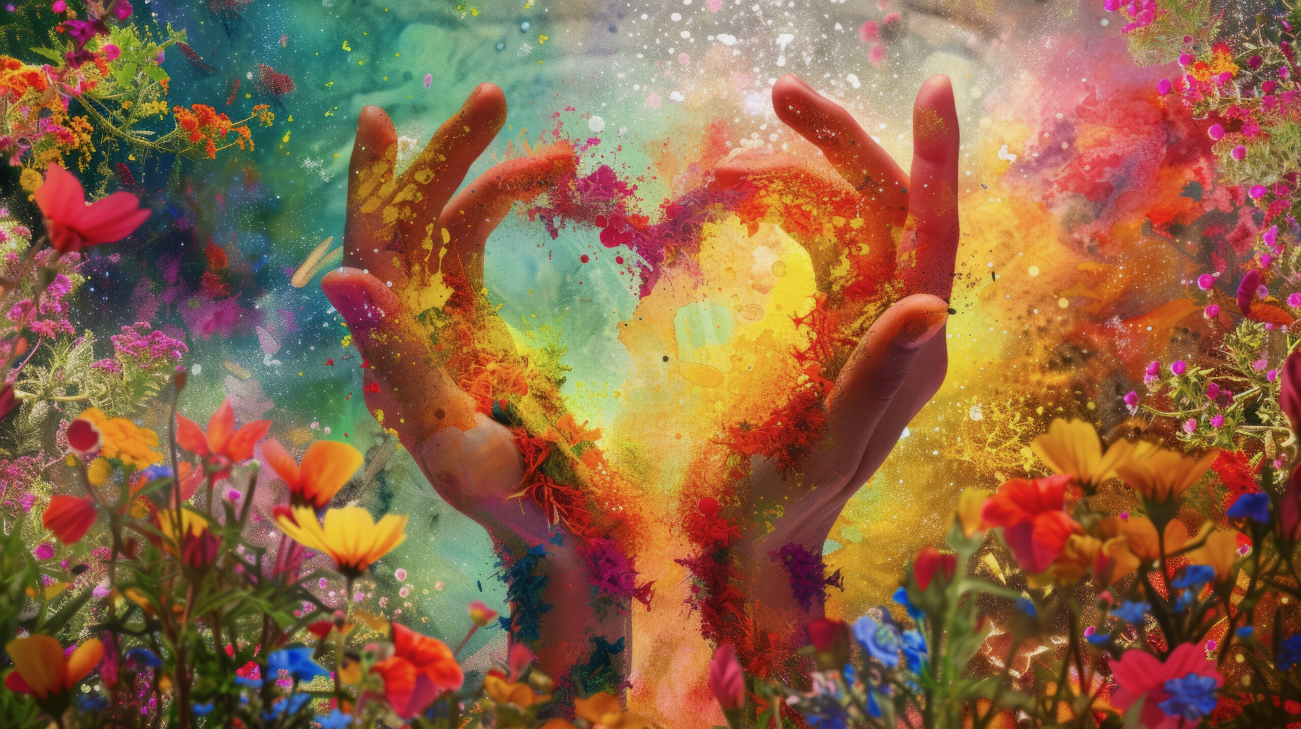 Heart-shaped hands against the vibrant colors of a garden in full bloom generative ai